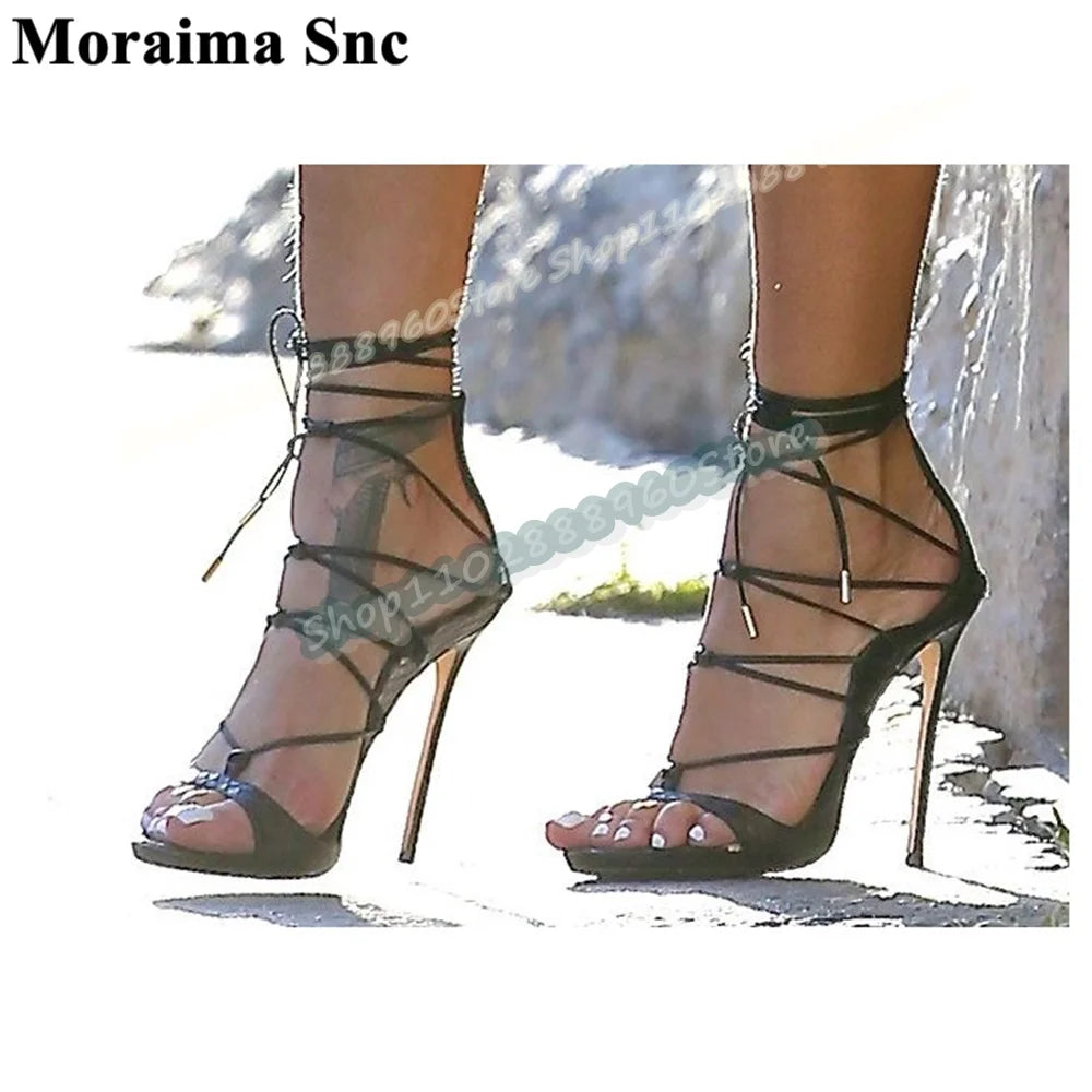 Narrow Strap Black Leather Open Toe Lace Up Stiletto Sandals For Women