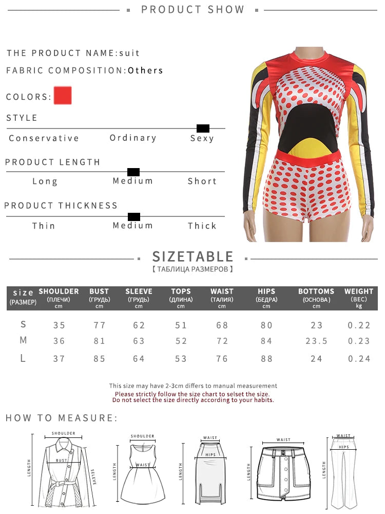 Colorful Patchwork Print O Neck Tee and Polka Dot Shorts Two Piece Set for Women