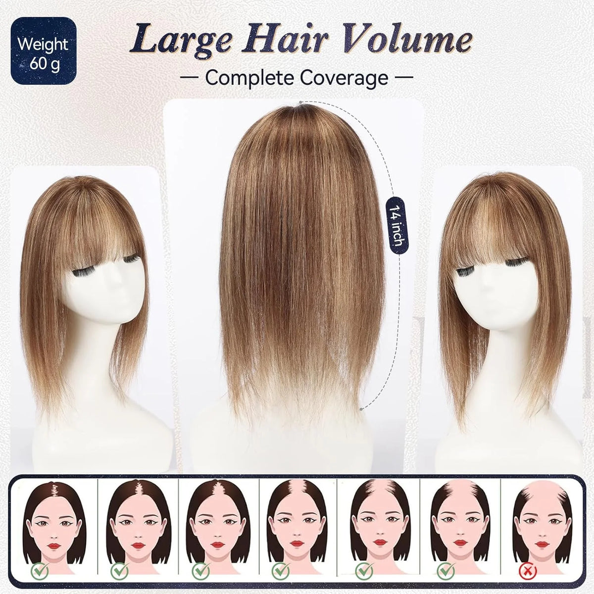 Swiss Lace Remy Human Hair Topper With Bangs For Women