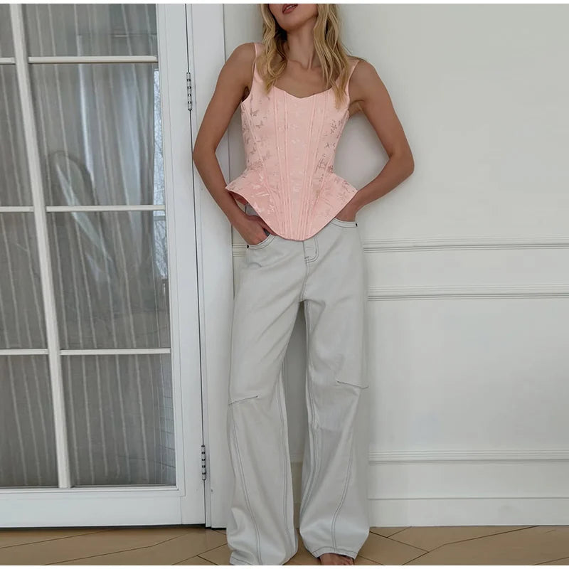 Waist Cinched Jacquard Fishbone Corset Top For Women