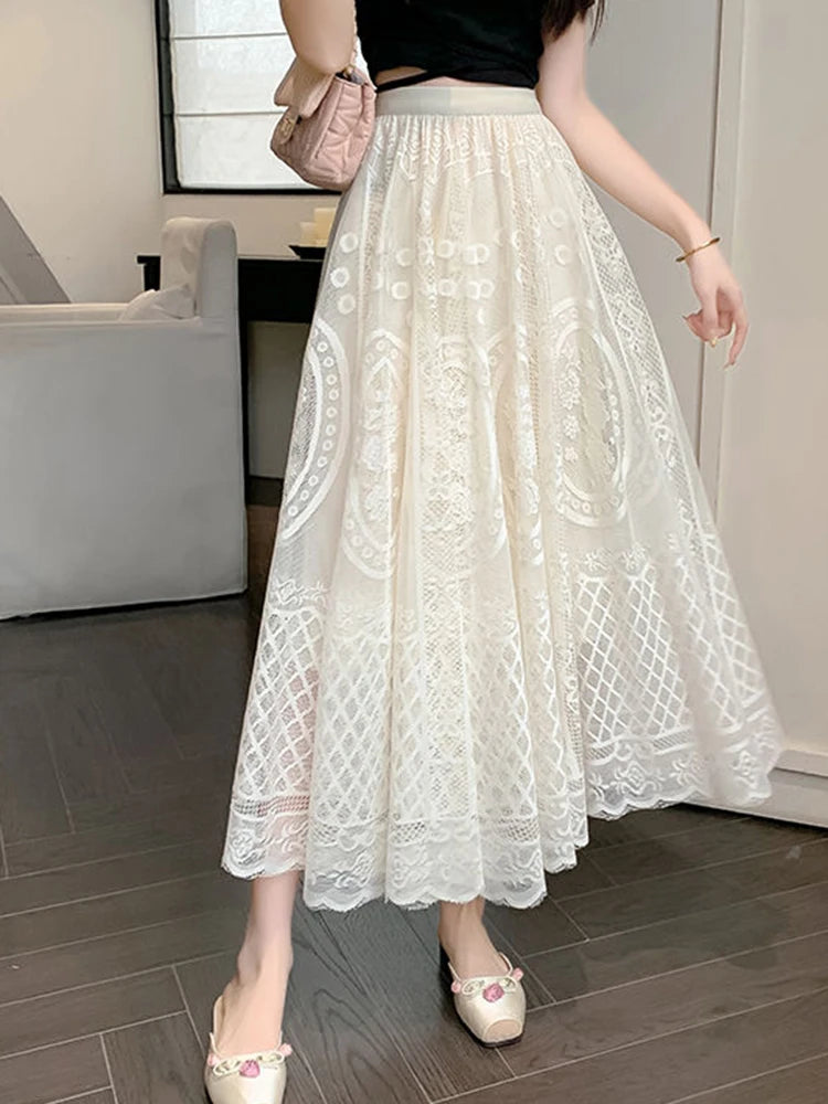 High Waisted Lace A Line Swing Midi Skirt for Women