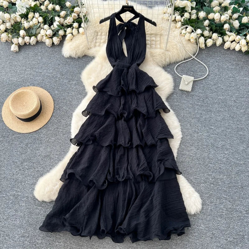 Sleeveless Halter Neck Ruffled Midi Dress for Women