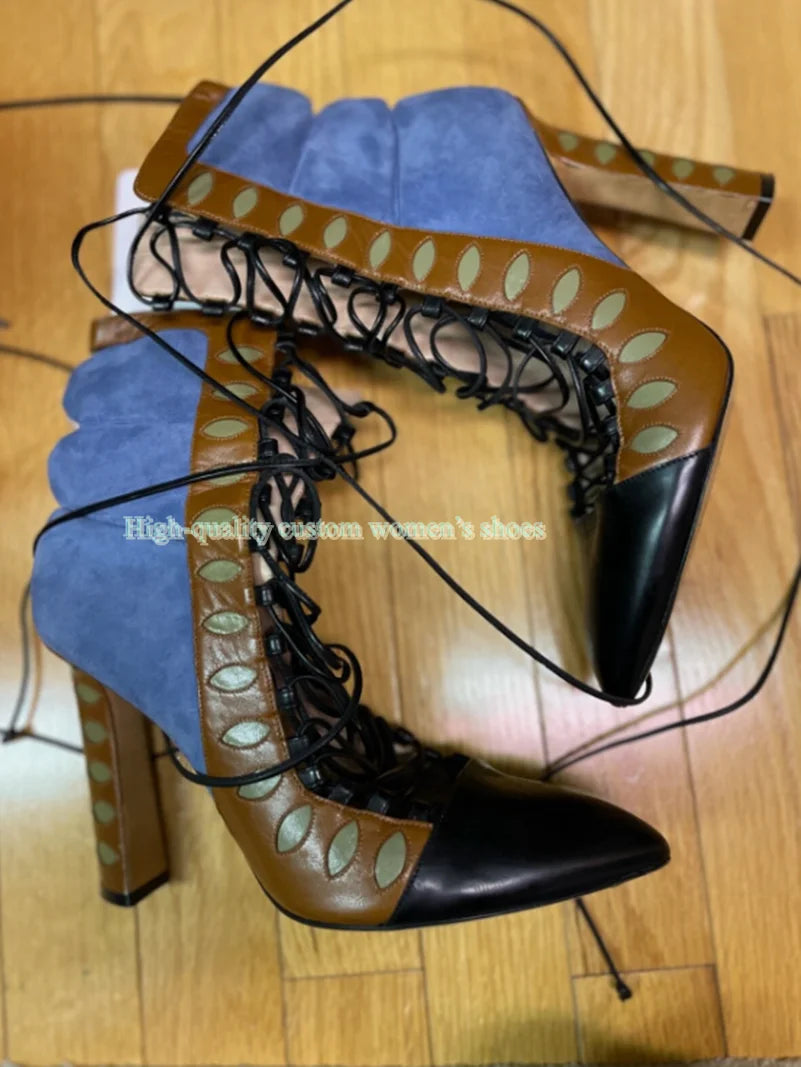 Retro Multicolor Hollow Out Chunky Heel Ankle Boots for Women