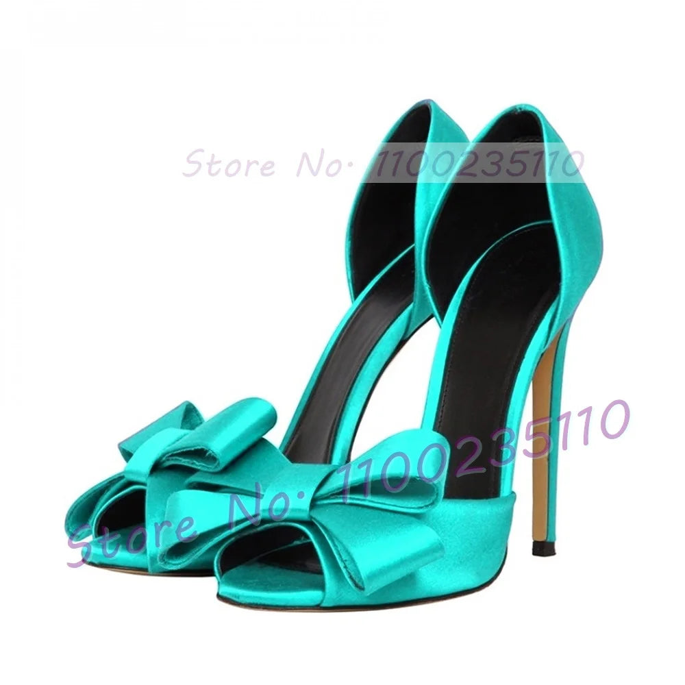 Elegant Rose Red Satin Bowknot Peep Toe Pumps for Women
