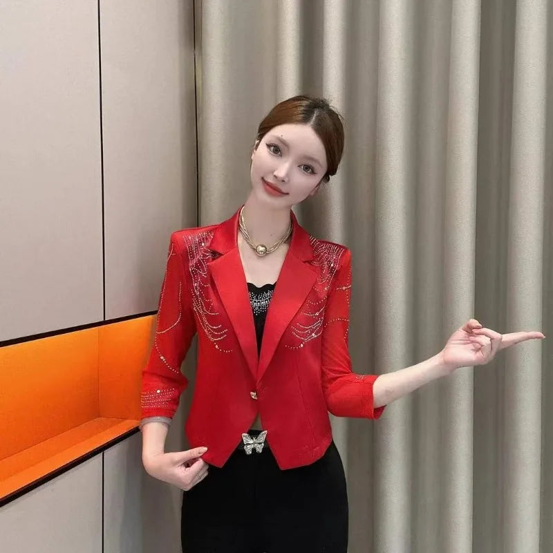 Women Blazers Coat Hot Stamping Slim Fit Seven Quarter Sleeve Jacket for Women in Spring 2025, New Niche Top
