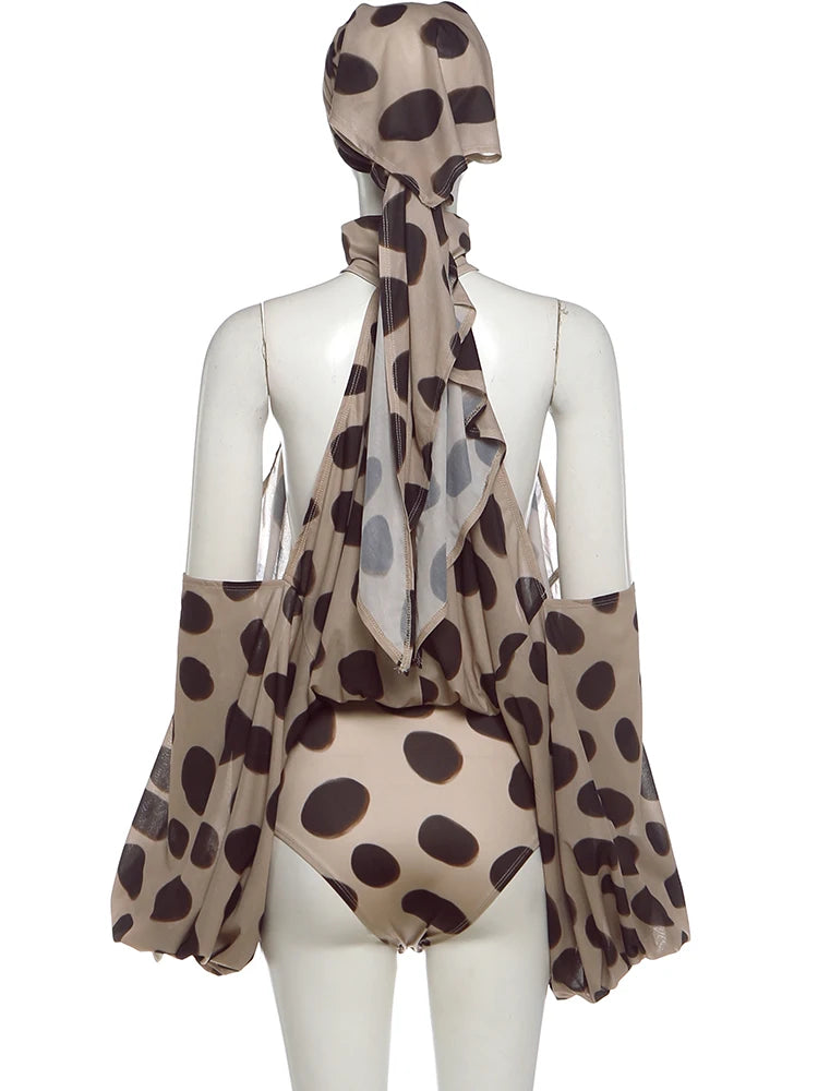 Polka Dot Halter Backless Playsuit With Headscarf for Women