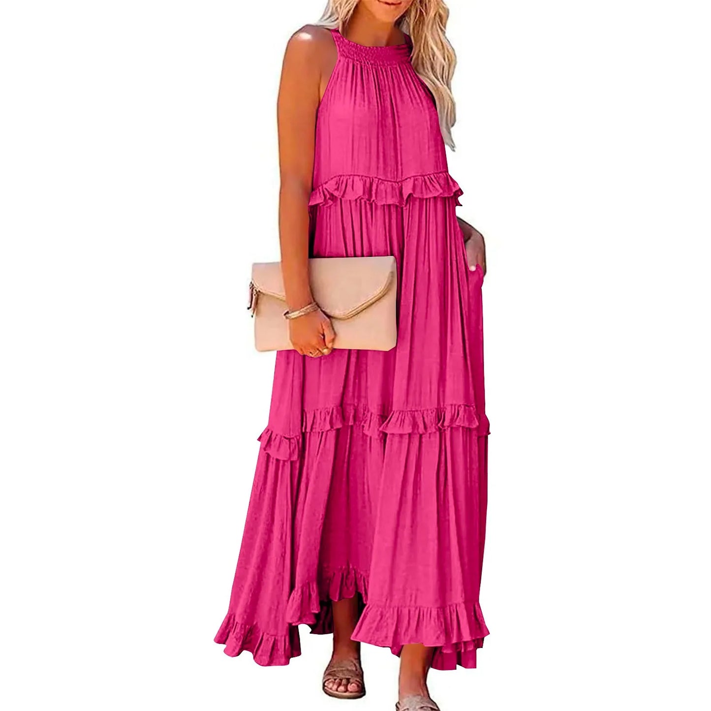 Solid Ruffled Sleeveless Maxi Sundress for Women