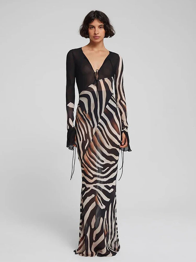 Patchwork Print V Neck Maxi Dress