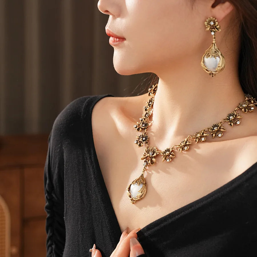 Pearl Flower Necklace And Earring Set