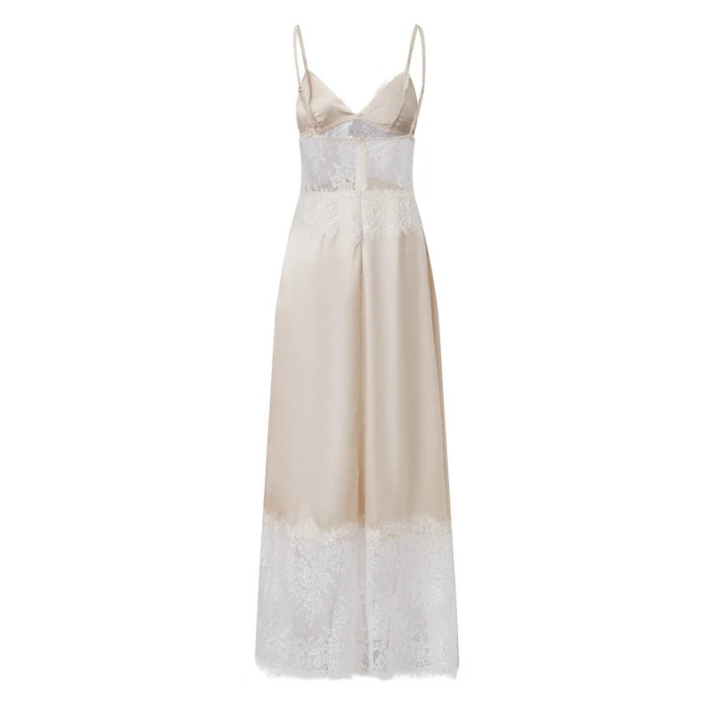 Satin Spaghetti Strap Deep V Neck Lace Patchwork Maxi Dress for Women