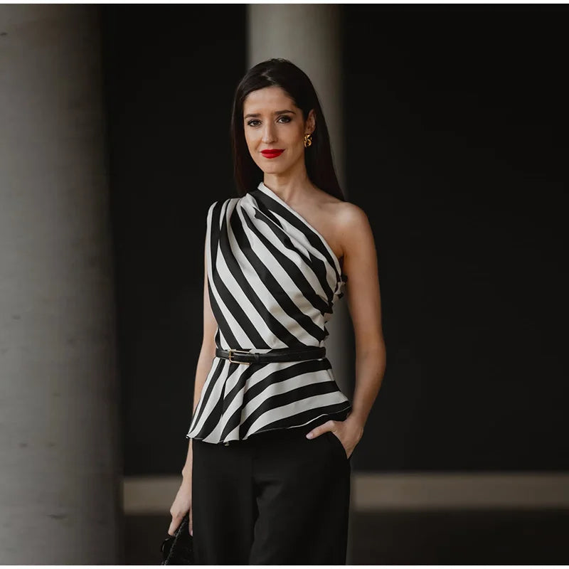 One Shoulder Striped Pleated Top With Backless Cut for Women