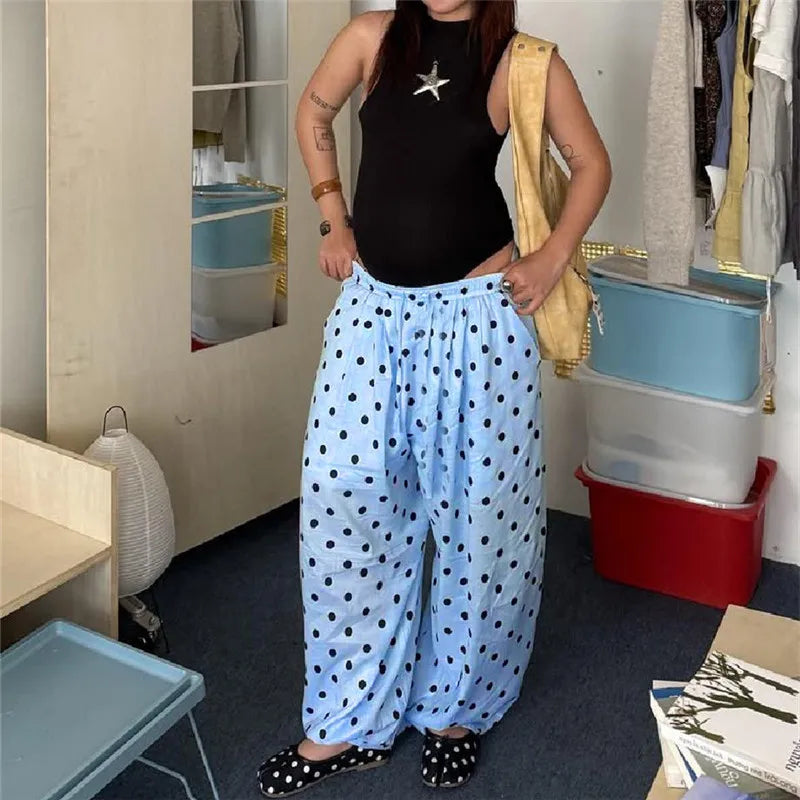 Retro Polka Dot Wide Leg Casual Trousers for Women