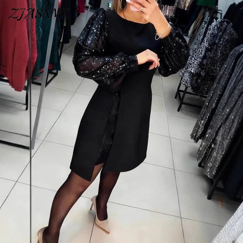 Sequin Patchwork Long Sleeve Mini Evening Dress for Women