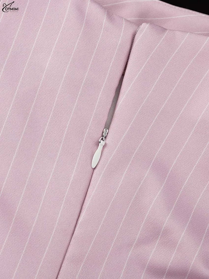 Oymimi Casual Pink 2 Piece Sets Woman Outfits Fashion V-Neck Lace-Up Long Sleeve Blouses And High Waist Slim Mini Skirts Sets