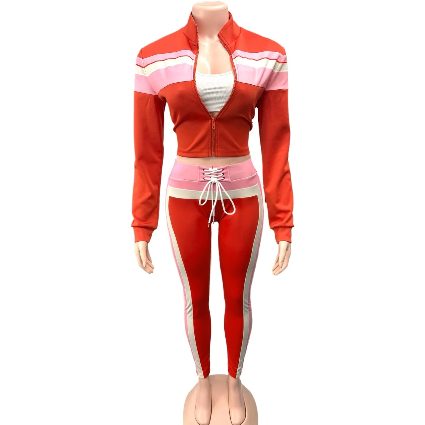 Weird Puss Patchwork Women 2Piece Set Tracksuit Sporty Long Sleeve Zip Crop Top+Shirring Leggings Matching Casual Skinny Outfits
