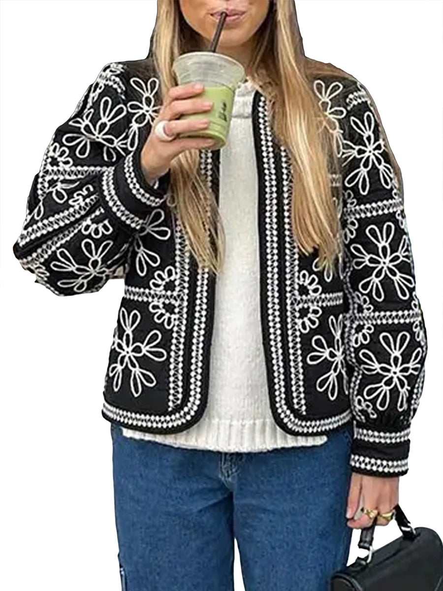 Women'S Retro Open Front Printed Embroidered Jacket, Lightweight Casual Long Sleeved Autumn Street Fashion Cardigan