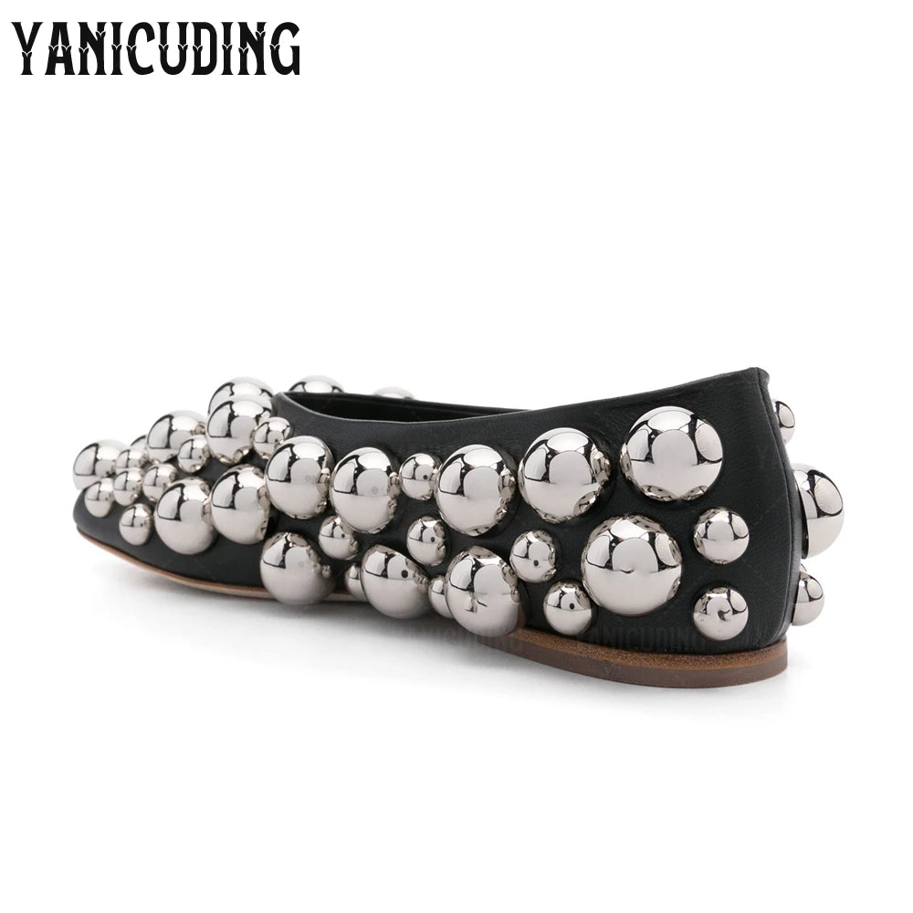 Metallic Stud Embellished Square Toe Ballet Flats for Women