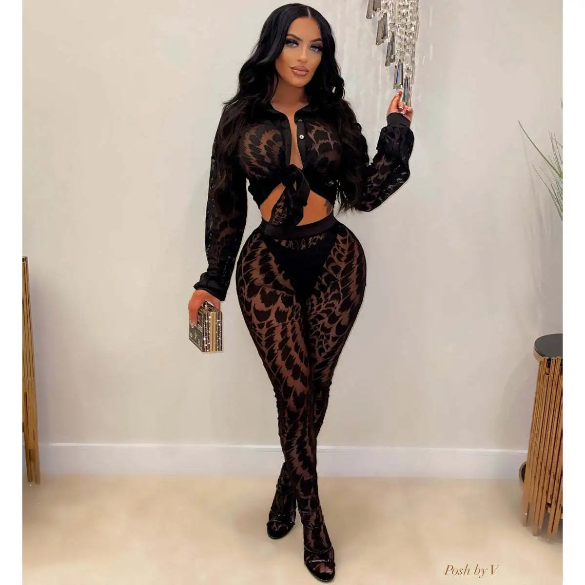 FAGADOER Autumn New Sexy Mesh See Through Woman 2 Piece Set Outfit Long Sleeve Crop Top and Pants Female Streetwear Clothing
