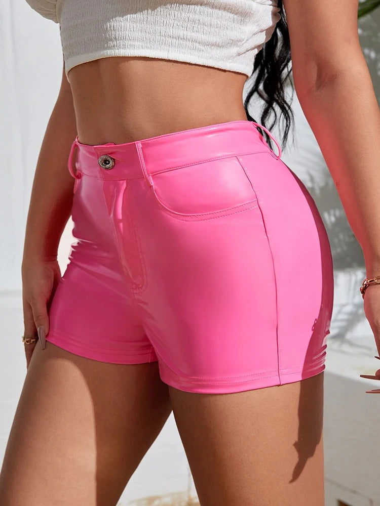 High Waist Shiny Faux Leather Shorts With Side Pockets For Women