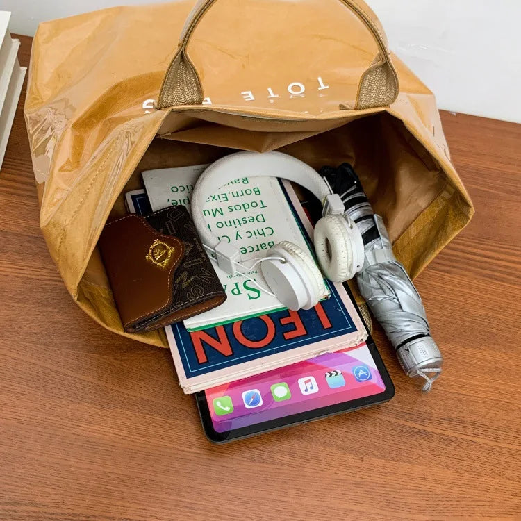 Kraft paper jelly waterproof bag, women's new retro commuting large capacity DuPont paper tote bag
