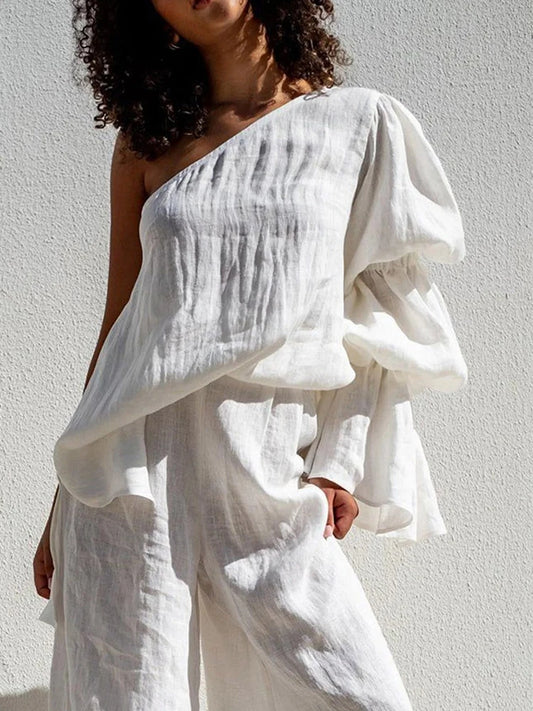 Beautyblue Flared Sleeves Women's T-shirt One-shoulder Long Sleeves Tee Summer Loose Asymmetric Elasticity Blouses&Shirts Female