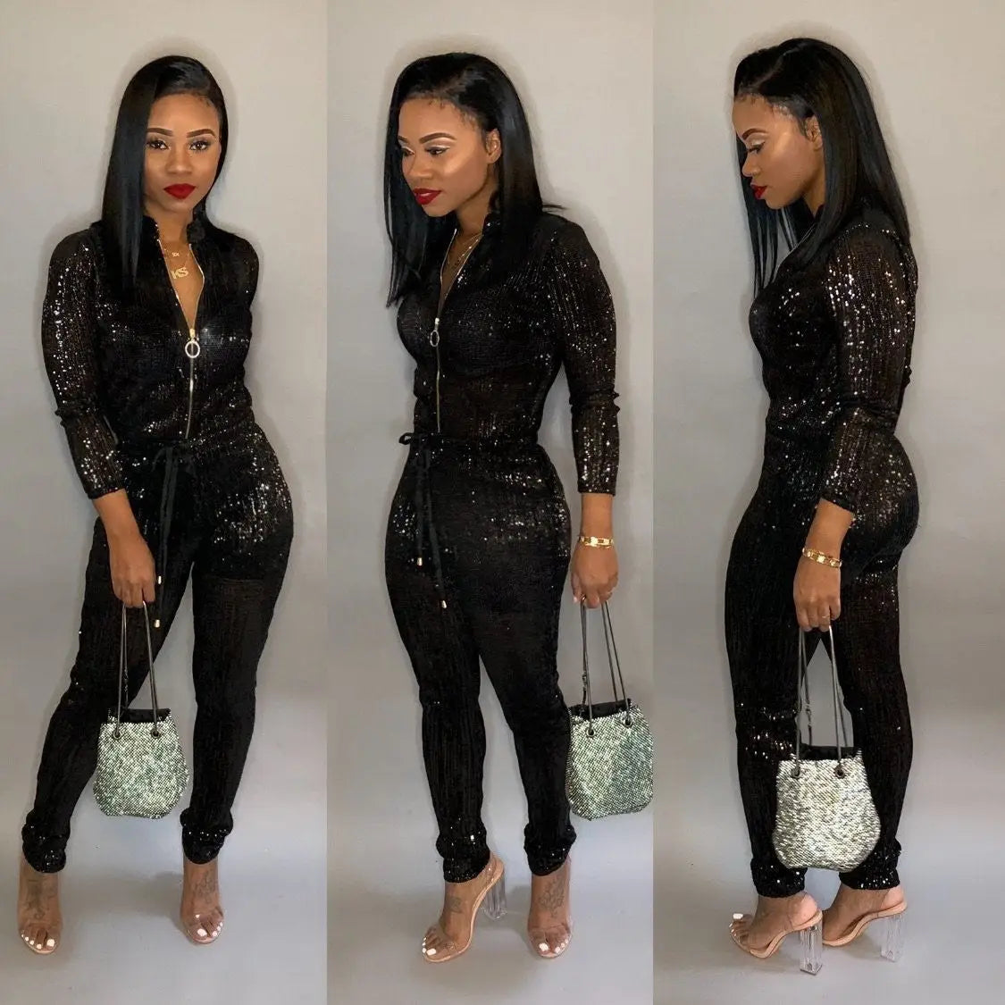 Elegant Silver Metallic Zippered Club Jumpsuit For Women