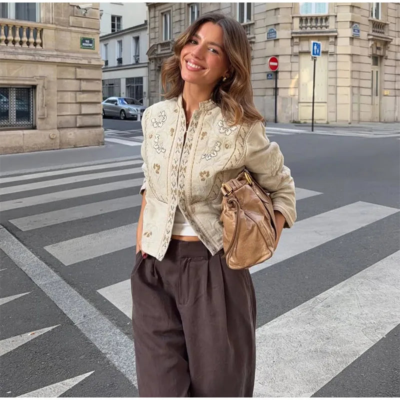 Urban Print Coat Stand Collar Long Sleeve for Women