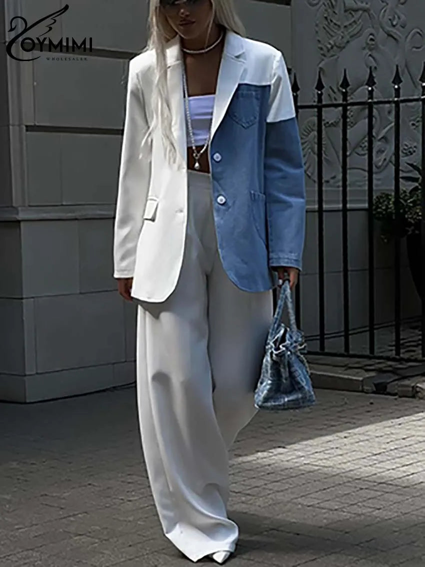 Oymimi Fashion White Denim Women 2 Piece Set Outfit Elegant Patchwork Long Sleeve Button Shirts And Simple Straight Trousers Set