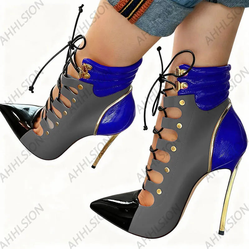 Pointed Toe Purple Leather Ankle Boots With Gold Accents For Women