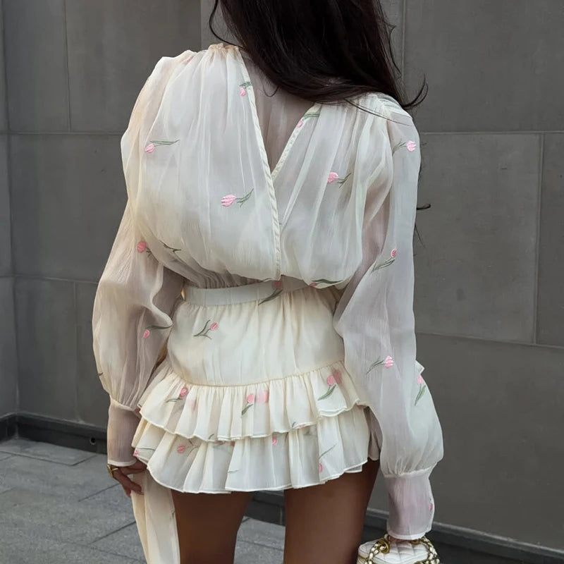 Elegant Print V-Neck Long Sleeve Pleated Patchwork Dress for Women