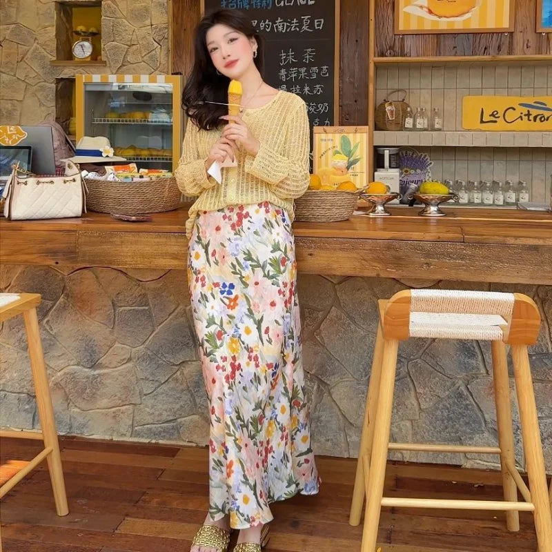High Waist Painterly Print Satin Midi Dress For Women