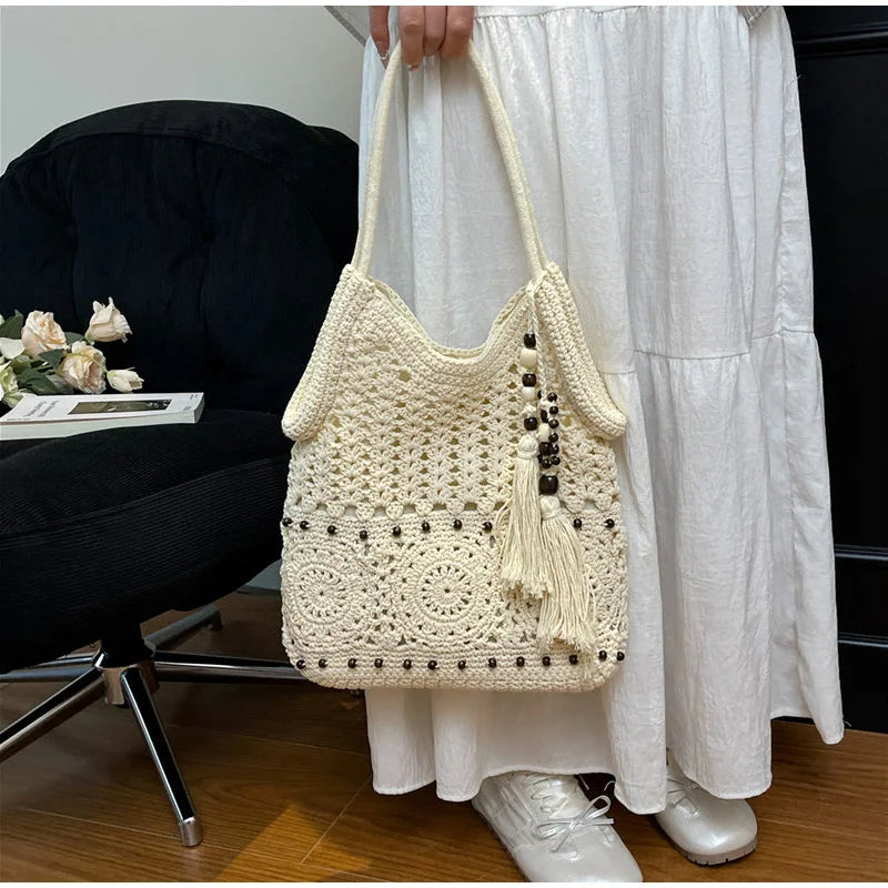 Hollow Crochet Women Bags Bohemian Large Capacity Handbags Korean Popular Bag New Tassel Cotton Shopping Bag Shoulder Bag Women