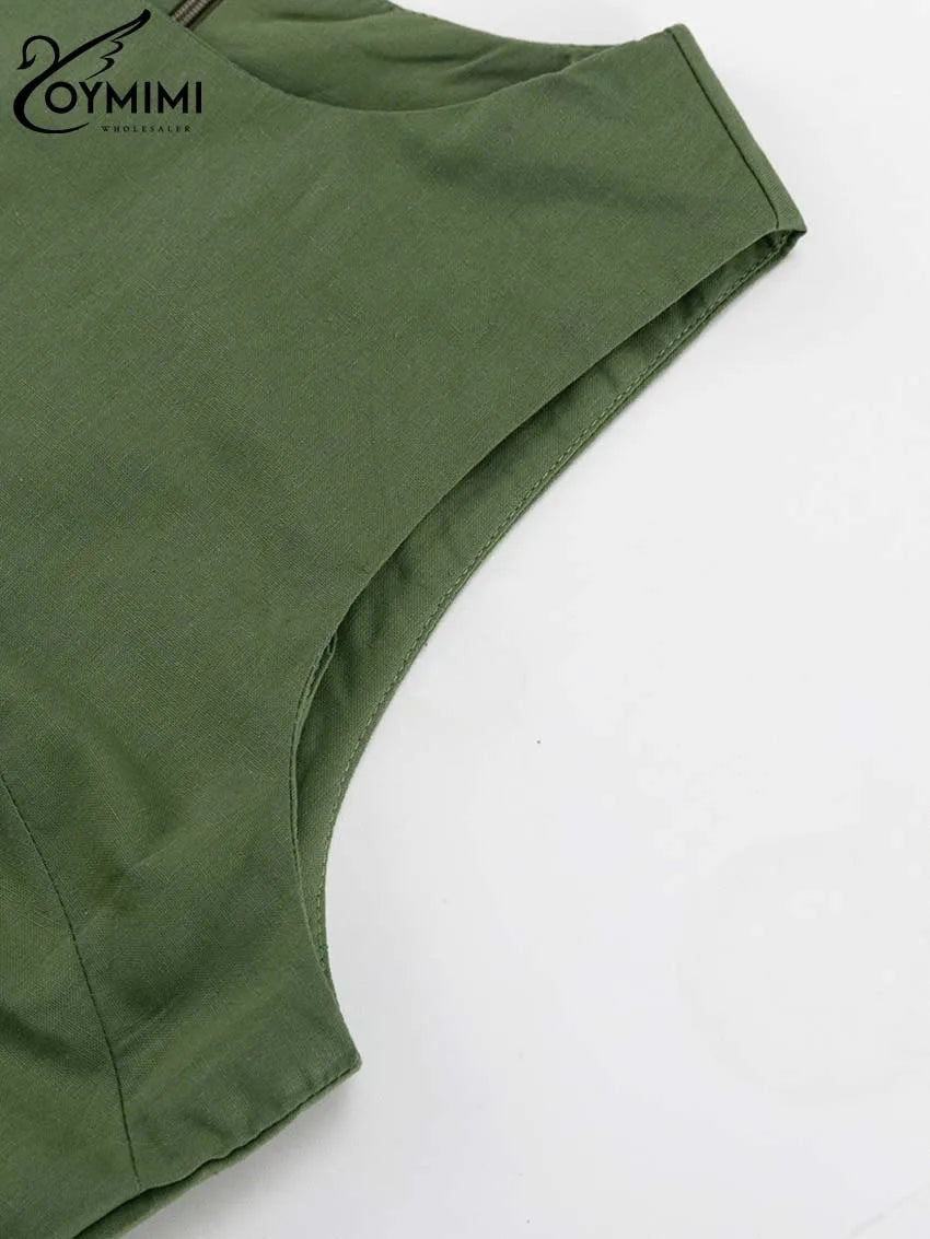 Oymimi Elegant Green Cotton Women's Dress Fashion O-Neck Sleeveless Dresses Casual New High Waist A-Line Mid-Calf Dresses Female