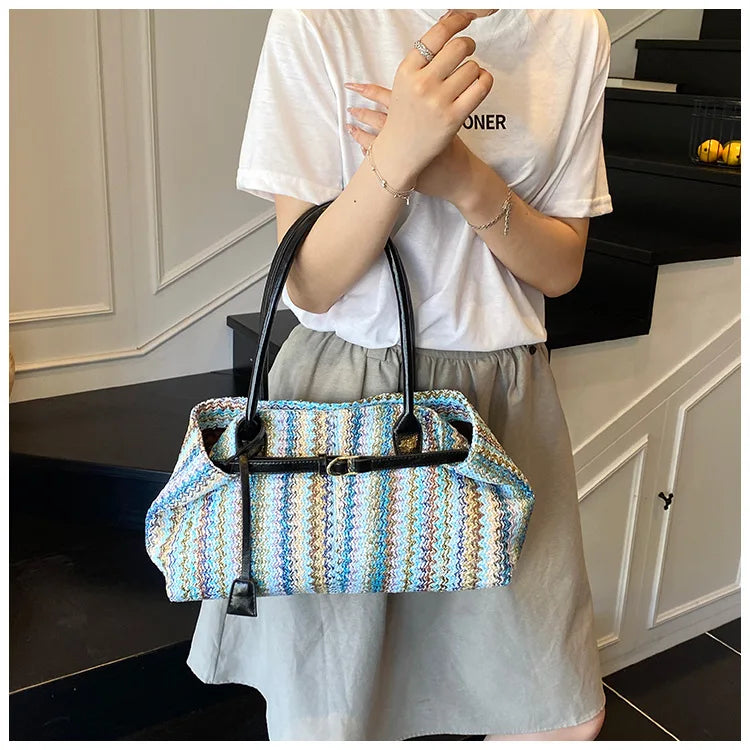 Large capacity rainbow woven tote bag, women's new versatile commuting beach bag, shoulder bag