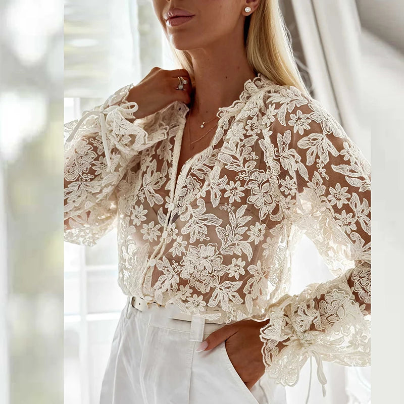 Lace Embroidered V Neck Long Sleeve Blouse for Women