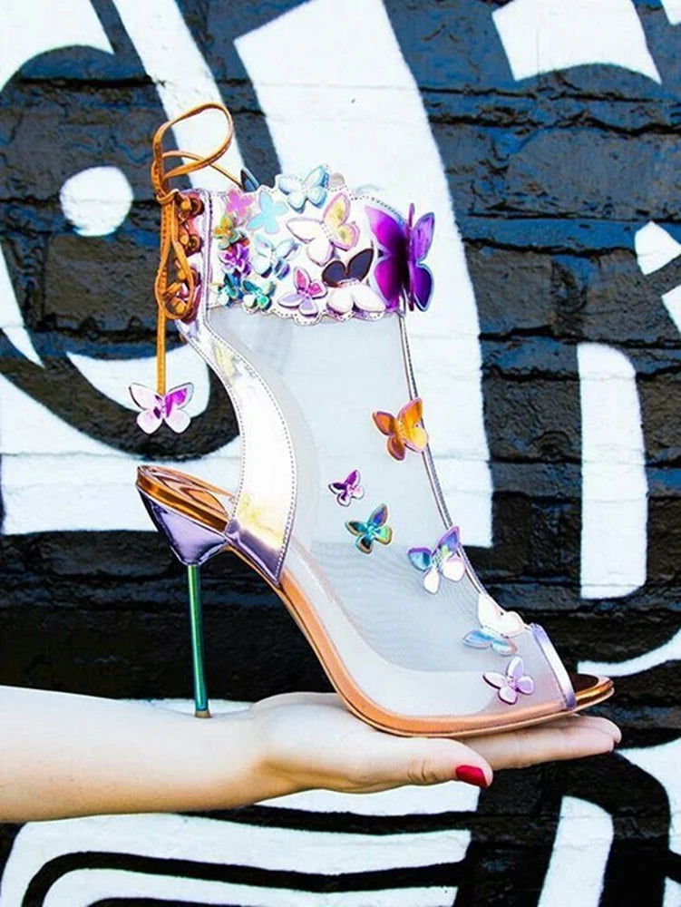 Glitter Butterfly Mesh Peep Toe Strappy Sandals For Women
