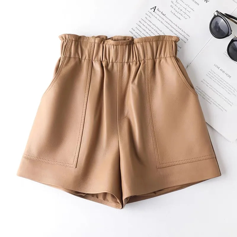 Genien Leather Shorts For Women 2025 New Fashion Elestic High Waist Short Pants Female Streetwear Shorts Casual Style