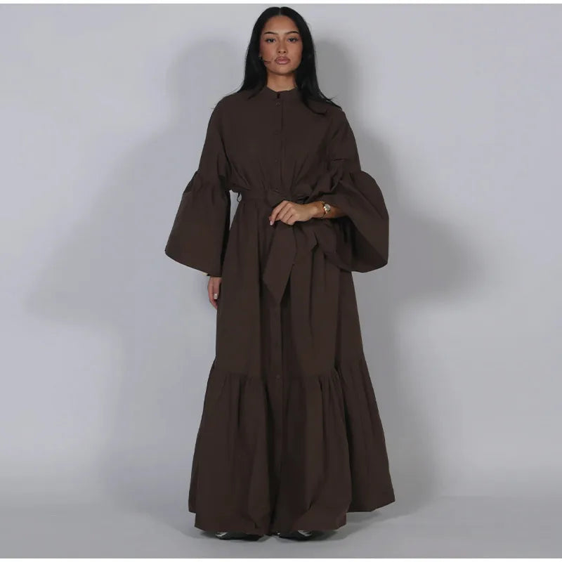 Casual Belted Long Lantern Sleeve Button Dress for Women