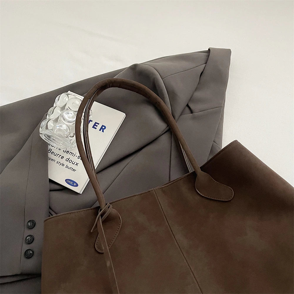 Luxurious Faux Suede Pure Color Retro Shoulder Tote Bag for Women
