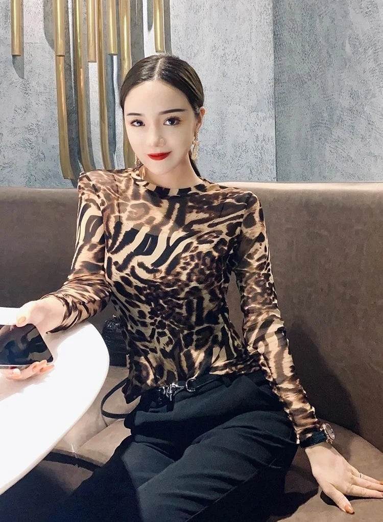 Top Female Mesh Leopard Print Women's Long Sleeve T-shirt Mature Spring Autumn Sexy Korean Reviews Many Clothes Japanese Vintage