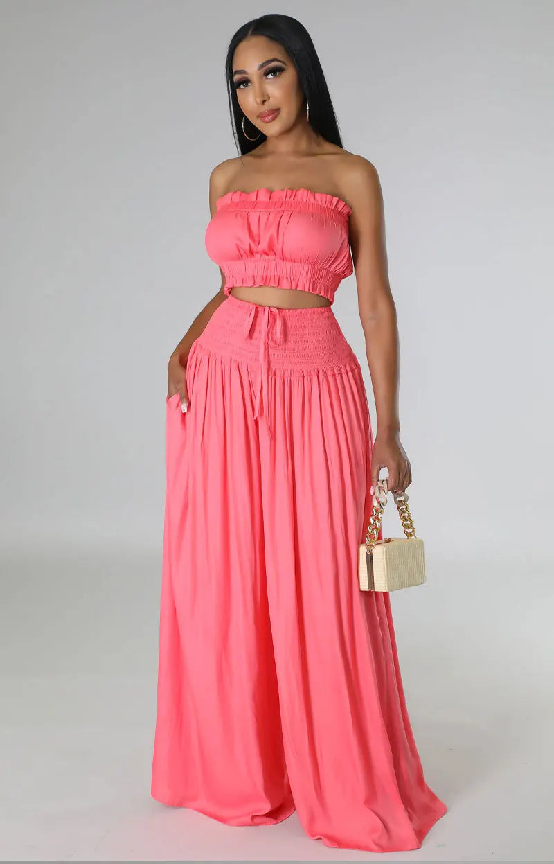 Lace Up Strapless Top Two Piece Pants Set for Women