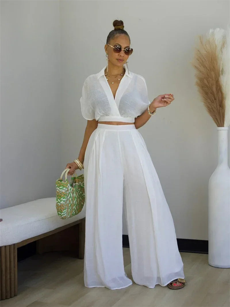 Relaxed Casual Crop Top And Wide Leg Pants Set for Women