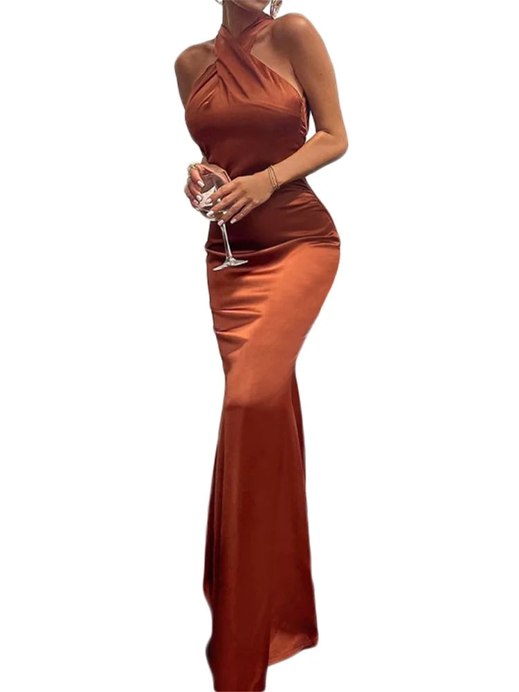 Cross Halter Backless Ball Gown Cocktail Dress for Women
