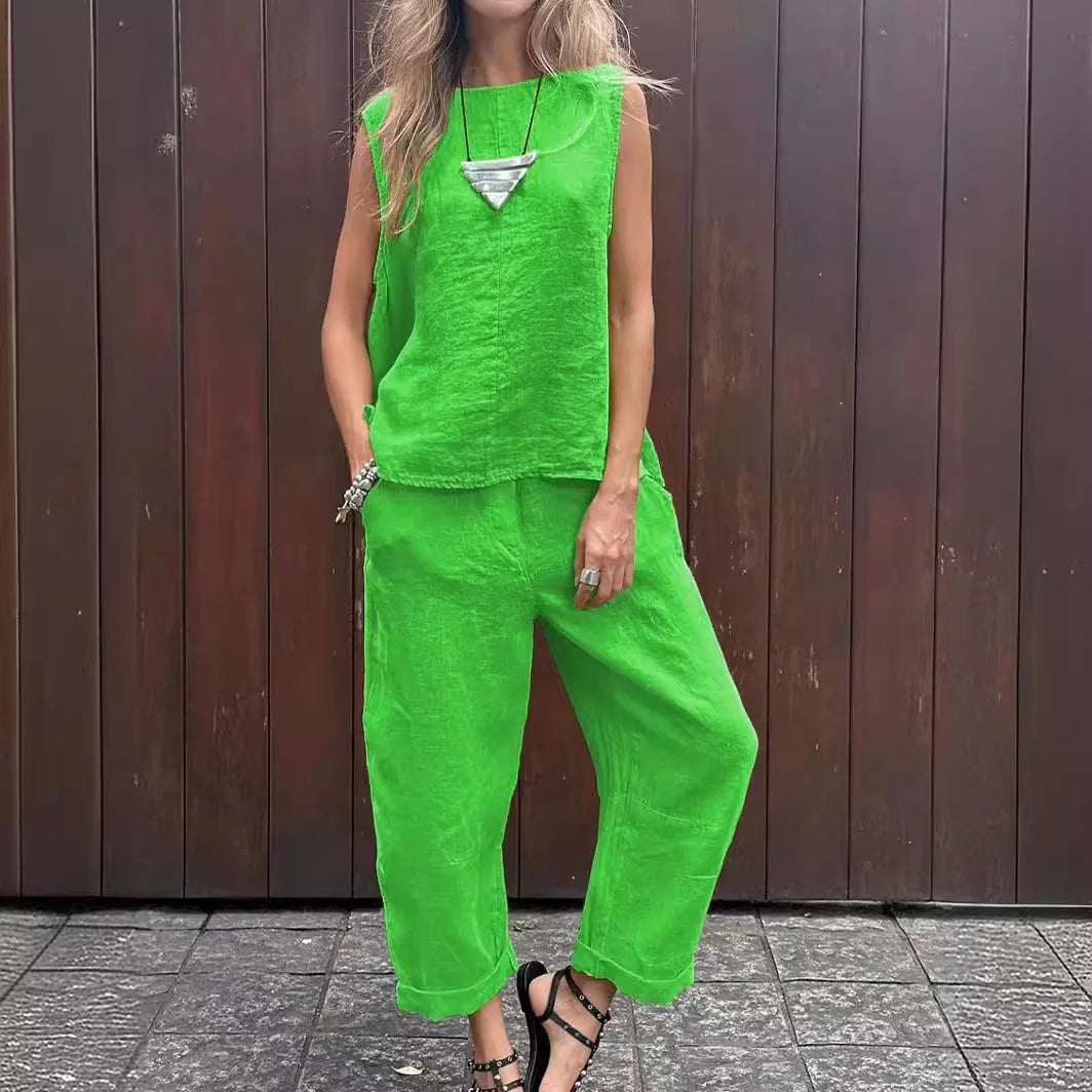 Casual Solid Color Tank Top and Pant Set for Women