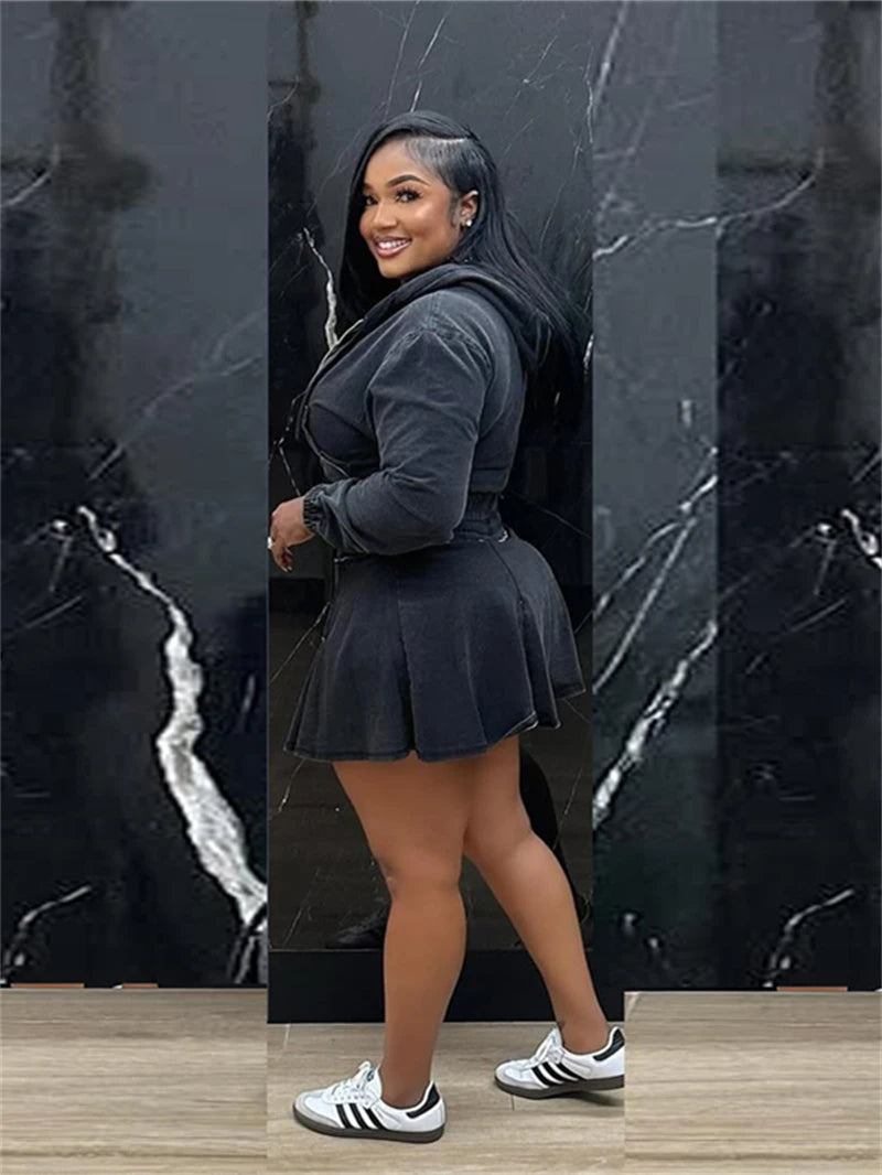 Hooded Denim Crop Top And Pleated Skirt Set for Women