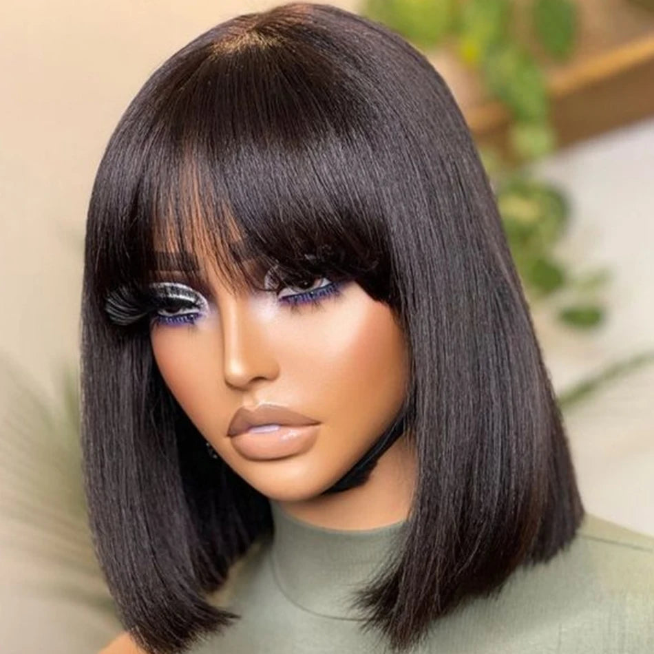 Short Straight Bob Human Hair Wig With Bangs for Women