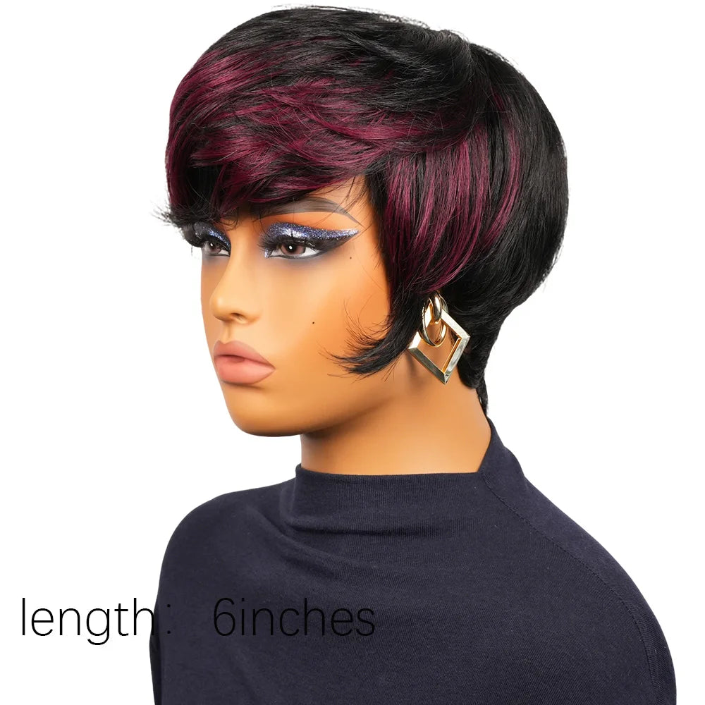 Short Black Burgundy Highlighted Pixie Wig For Women