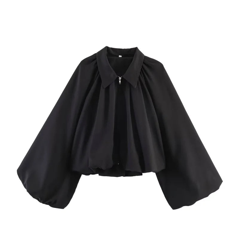 Elegant Solid Bomber Jacket With Puff Sleeves for Women