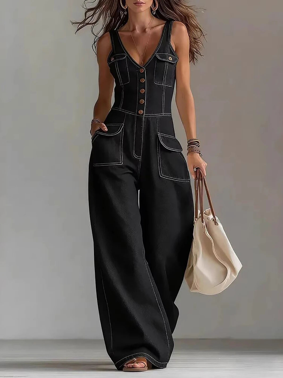 High Waist Button Front Wide Leg Jumpsuit for Women