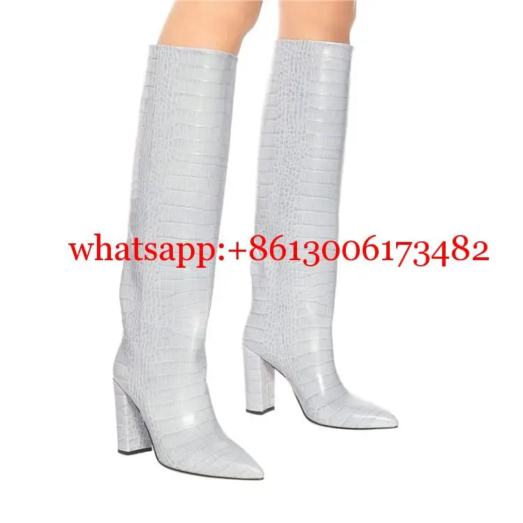 Pointed Toe Slip On Leather Knee High Boots for Women